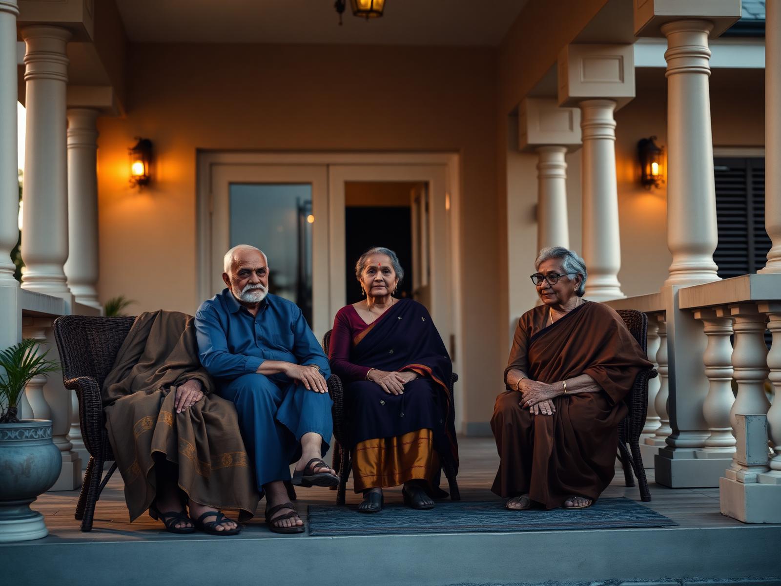 Indian elderly parents on a heritage home veranda at golden hour