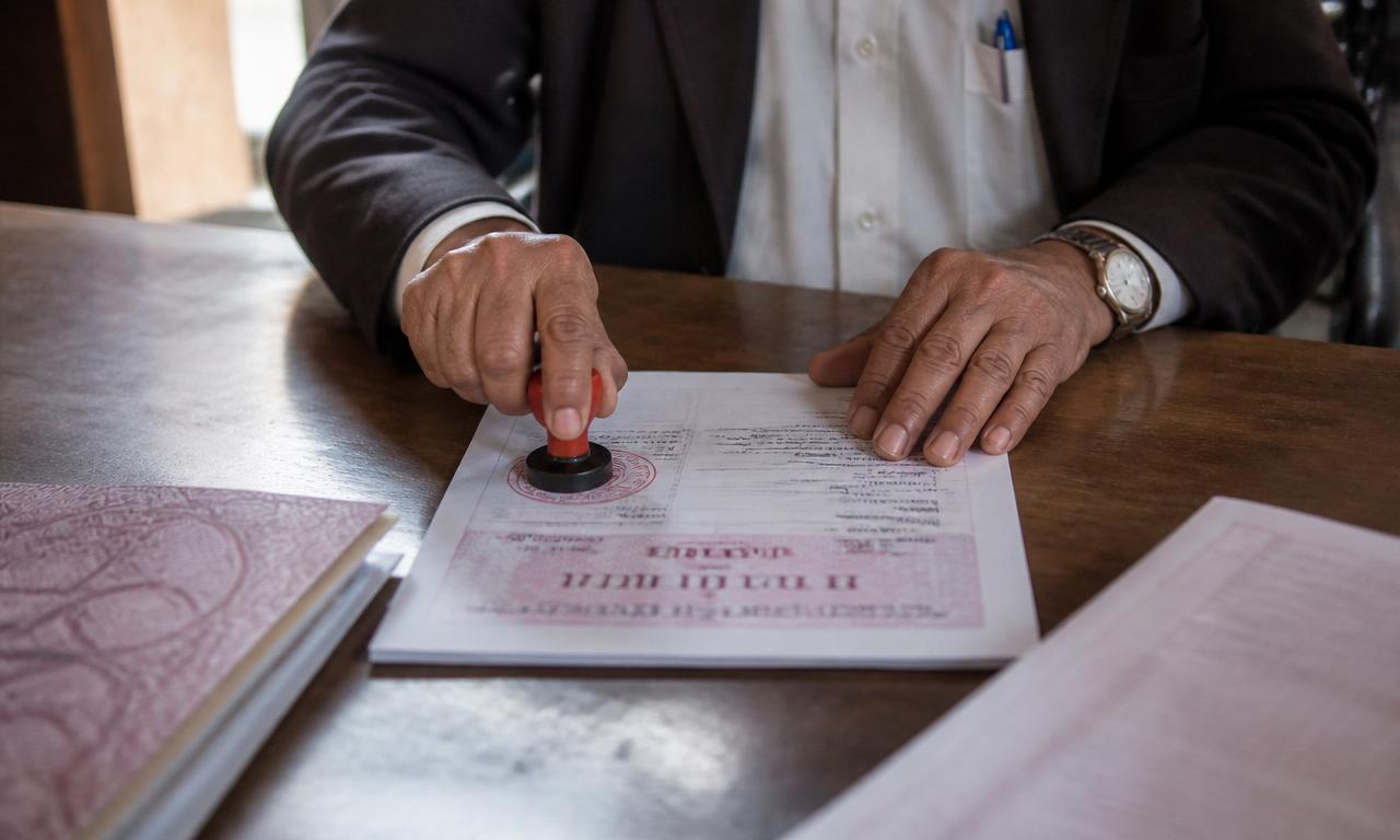 Power of Attorney documents being signed at an Indian consulate desk